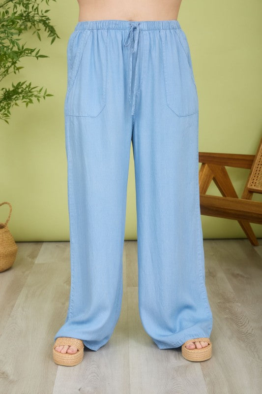 Plus Chambray Drawstring Wide Leg Lounge Pants