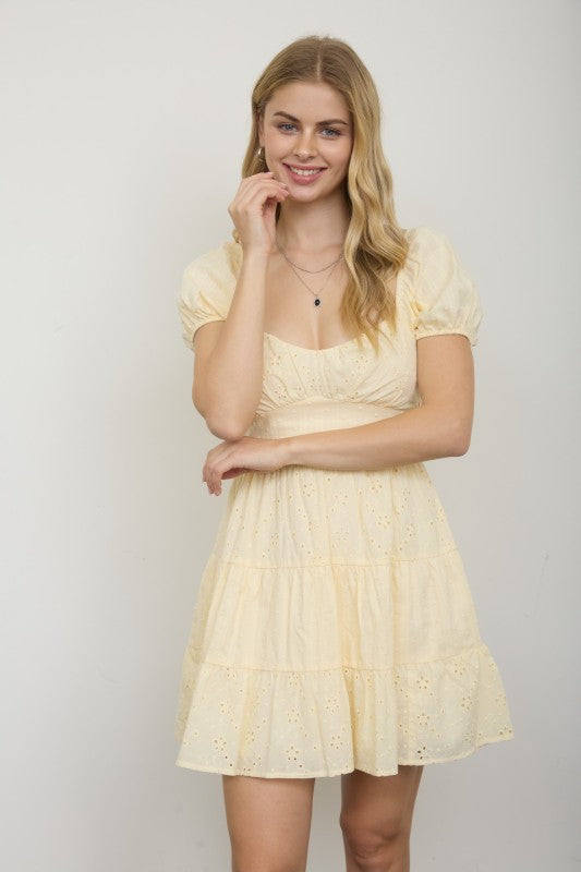 Multi-pattern Eyelet Puff Sleeve Tiered Midi Dress