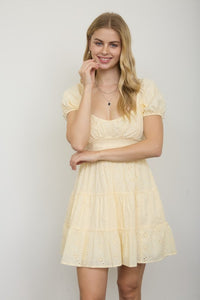 Multi-pattern Eyelet Puff Sleeve Tiered Midi Dress