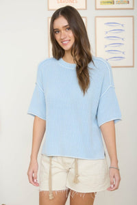 Washed Crew Neck Raw Edge Short Sleeve Sweater