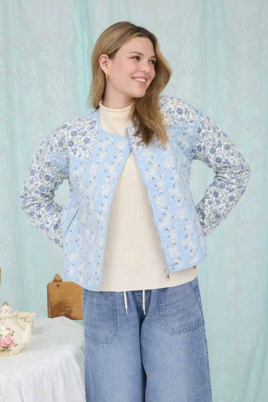 Colorblock Floral Zip-up Quilted Jacket