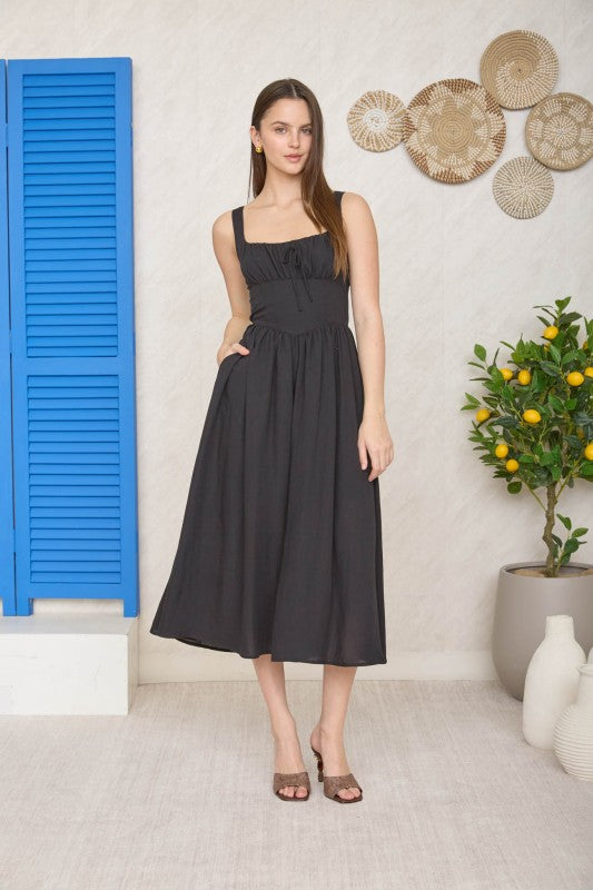 Square Neck Front Tie Corset Detail Midi Dress