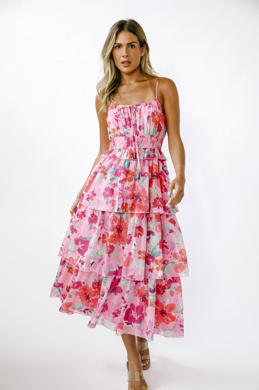 FLORAL RUFFLE LAYERED MIDI DRESS