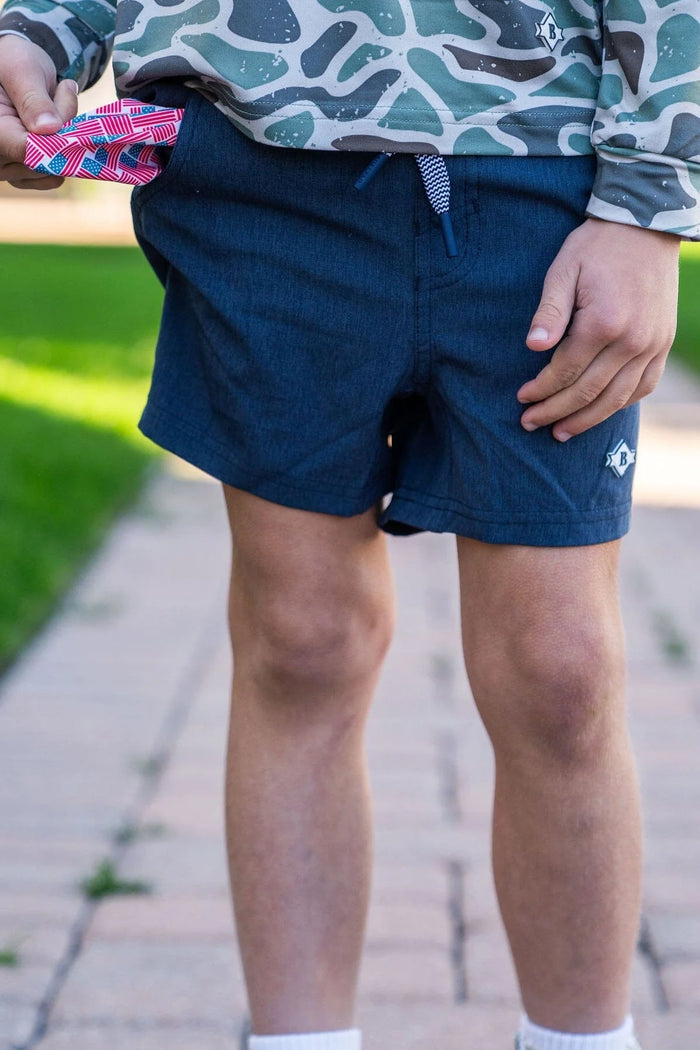 Burlebo- Youth Athletic Short - Heather Navy - American Flag Liner