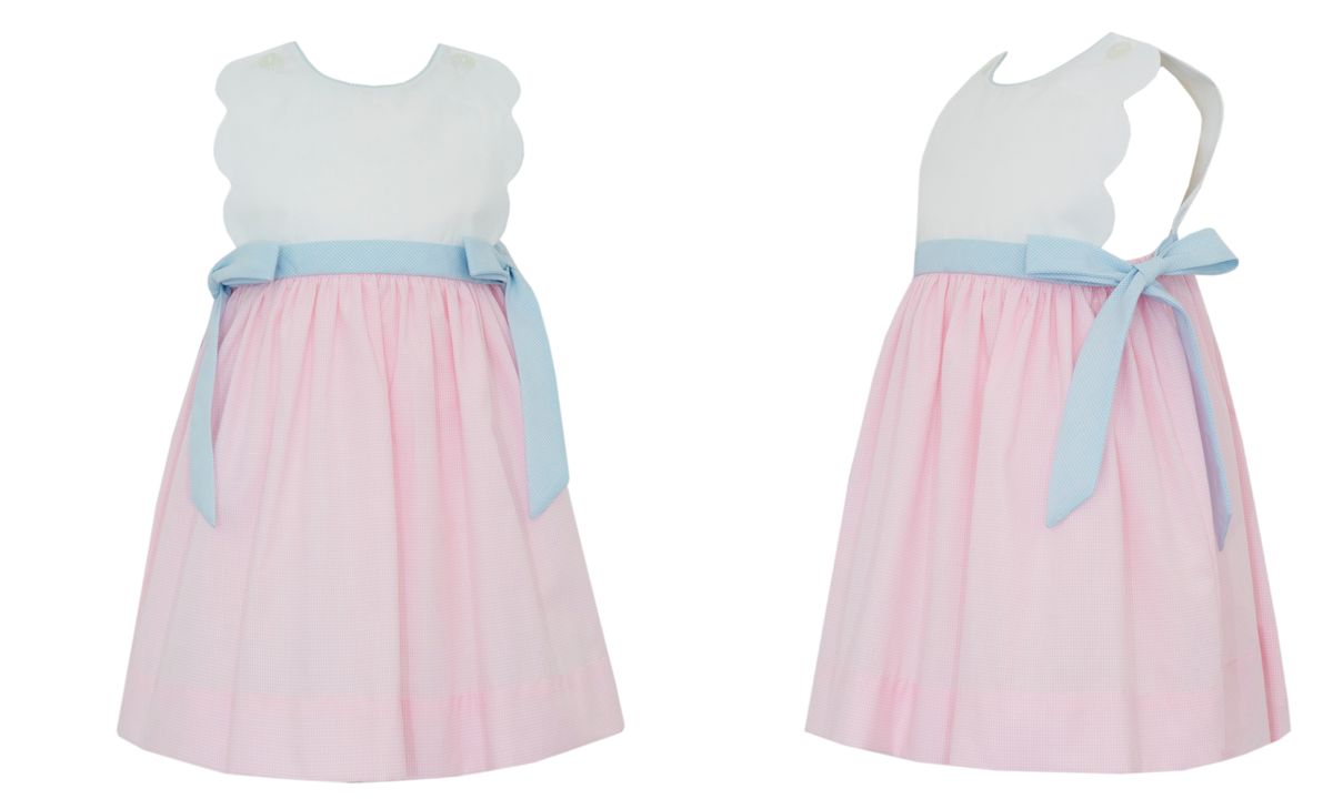 Petit Bebe- Pink check scalloped sundress w/ lt.blue side bows
