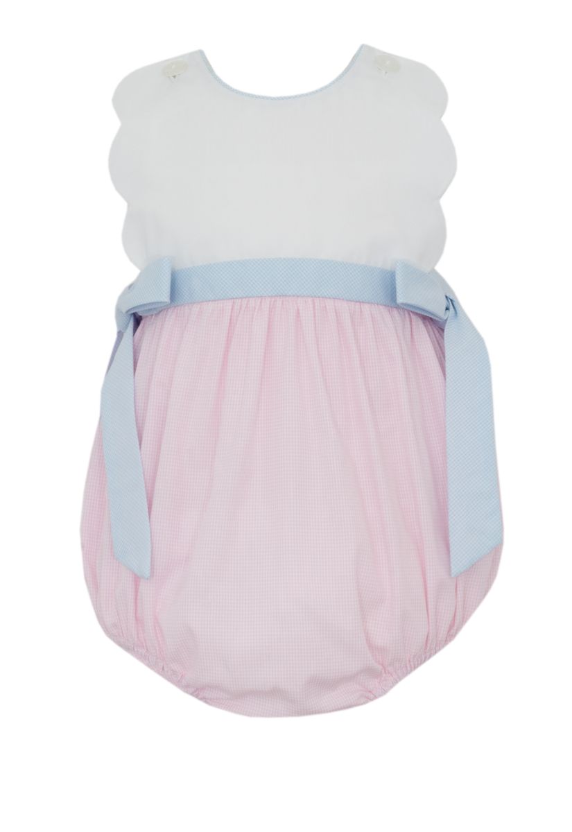 Petit Bebe- Pink check scalloped bubble w/ lt.blue side bows