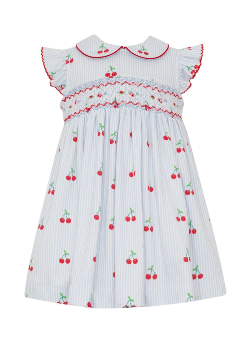 Petit Bebe- CHERRY PRINT - Lt.blue cherry knit print sleeveless dress w/collar