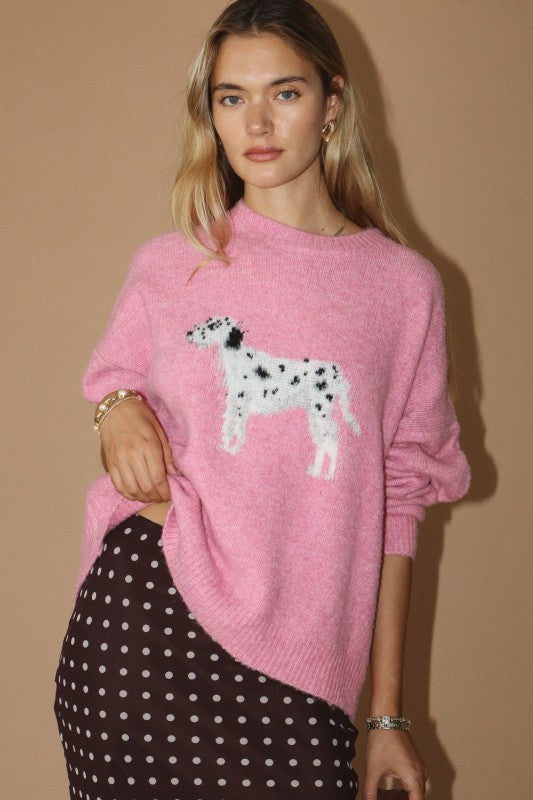 Dalmatian Dog Graphic Fuzzy Pink Sweater