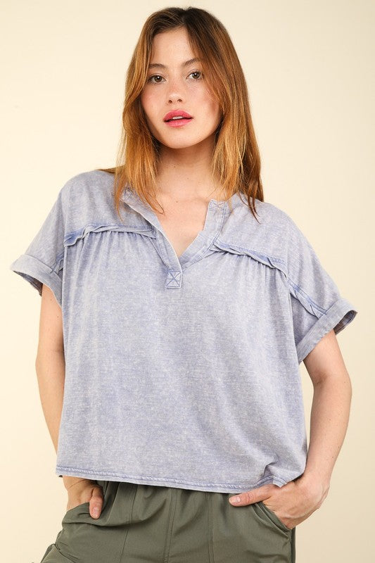 Split Neck Washed Knit Top