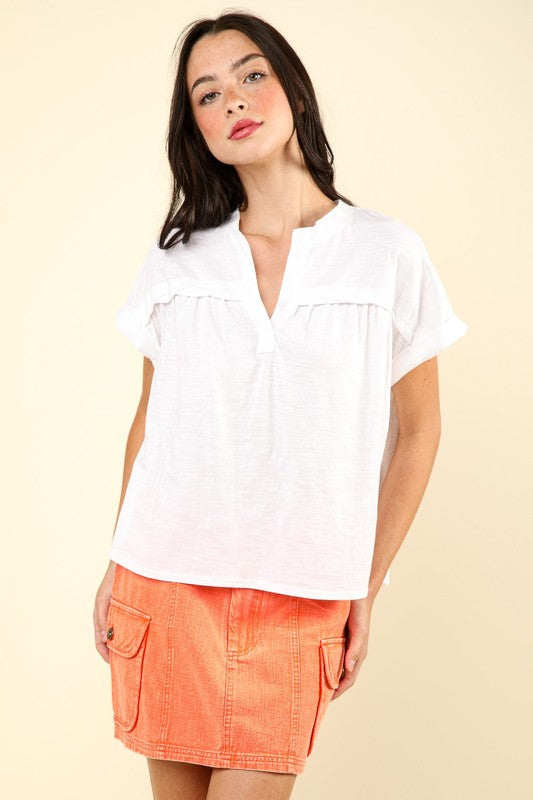 Split Neck Washed Knit Top