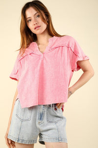 Split Neck Washed Knit Top