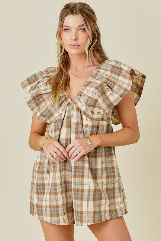 PLAID V-NECK ROMPER WITH RUFFLE SLEEVES