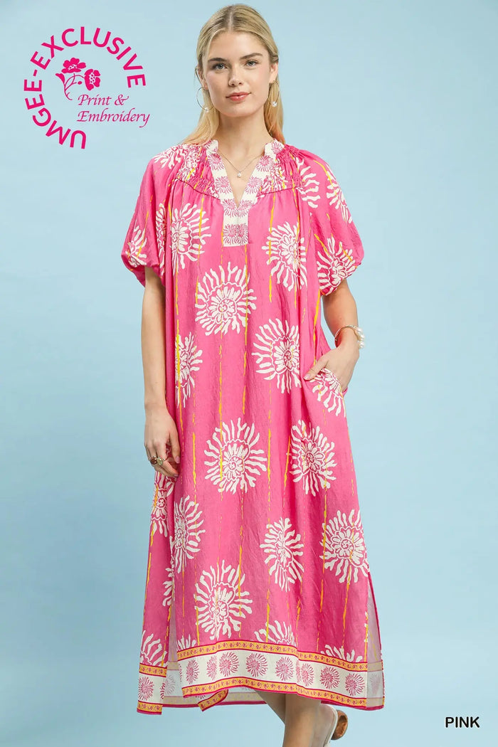 Collar Smocked V-Neck Midi Dress