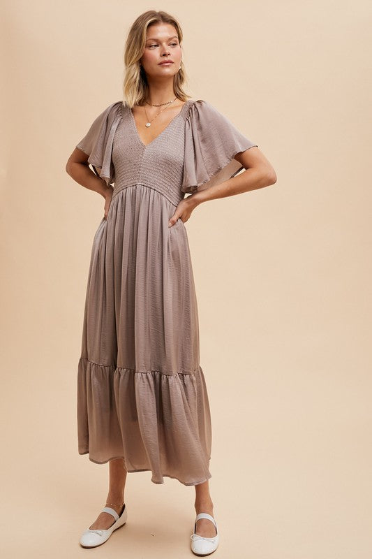 SMOCKED WASHED SATIN MIDI DRESS