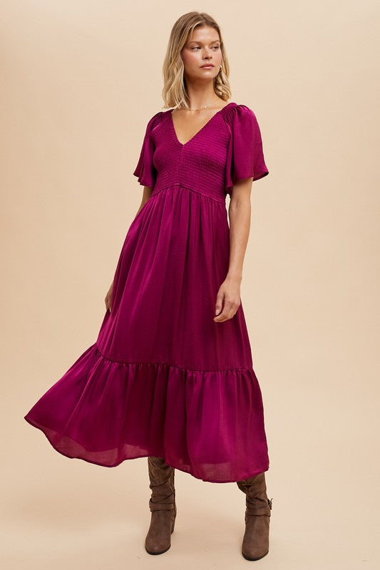 SMOCKED WASHED SATIN MIDI DRESS