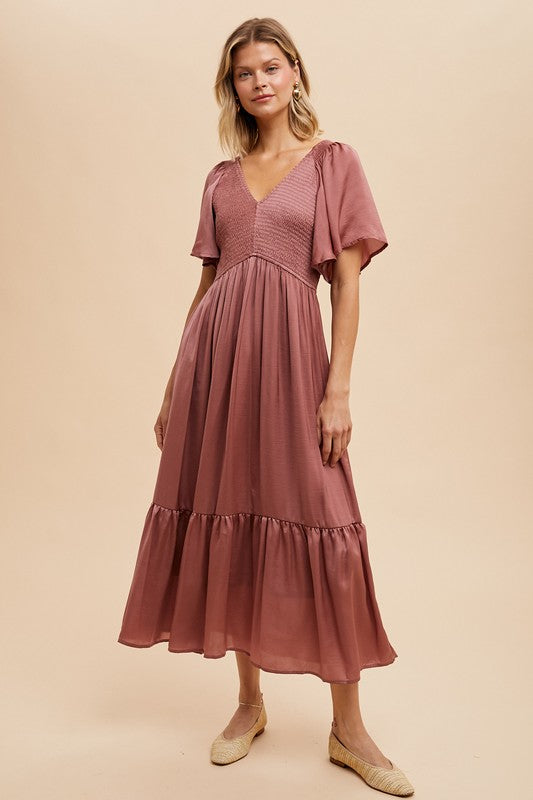 SMOCKED WASHED SATIN MIDI DRESS