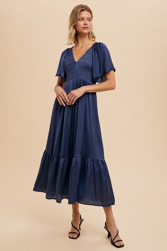 SMOCKED WASHED SATIN MIDI DRESS