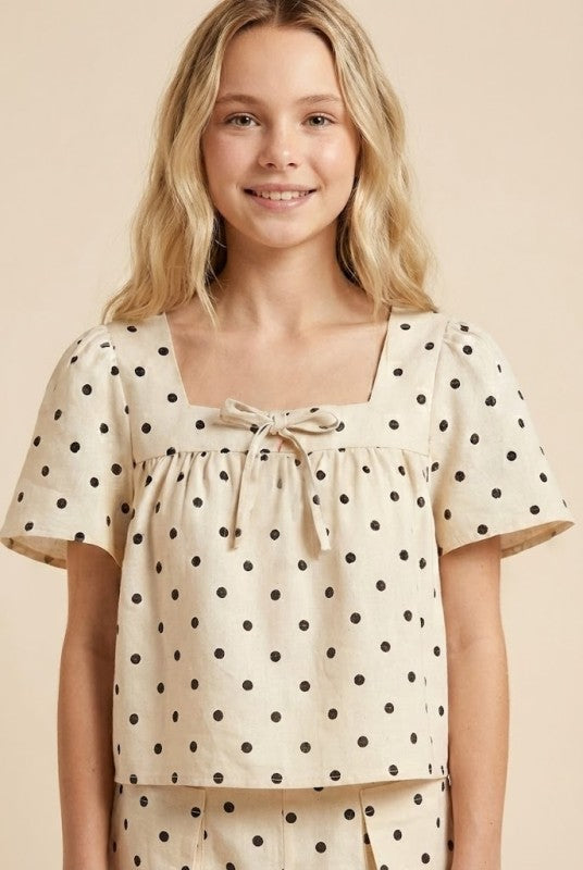 Girls Polka Dot Tie Detail Square Neck Top