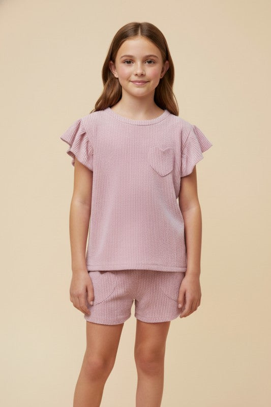 Girls Textured Stripe Heart Pocket Ruffle Tank Short Set