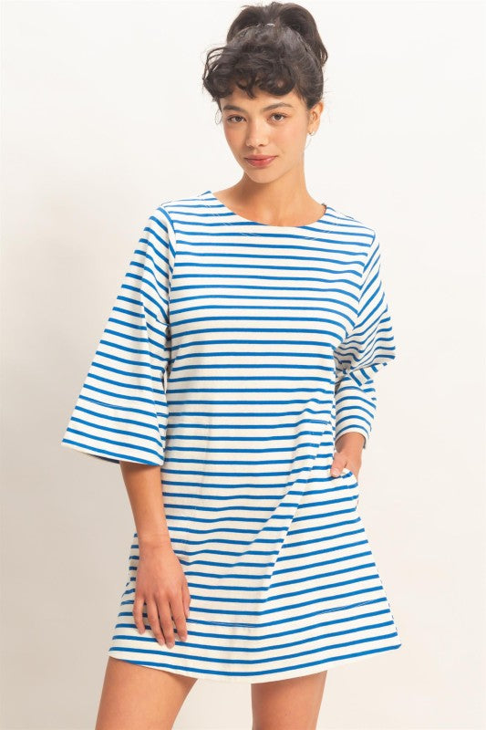 Striped Round Neck Half-sleeve Mini Dress