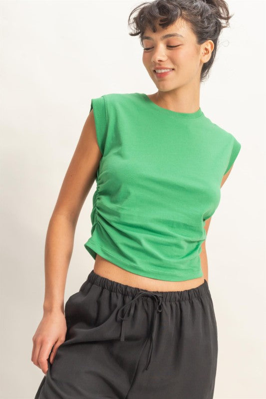 Ruched Waist Sleeveless Cotton Top
