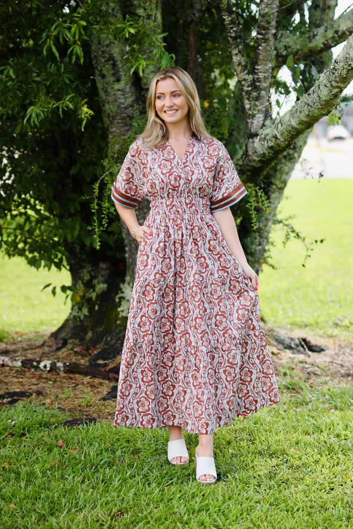 Floral print short shirt sleeve midi dress