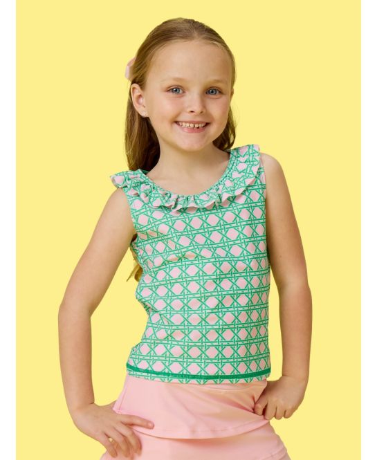 RuffleButts Pink Coastal Cane Active Ruffle Tank Top