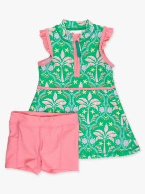RuffleButts Sleeveless Zip Ruffle Sleeve Active Dress Coconut Cabana