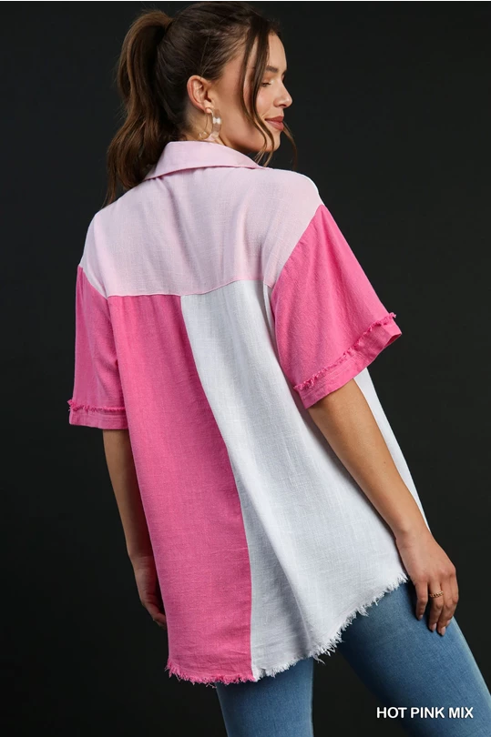 Linen Blend Color Block Gauze Button Up Short Folded Sleeve Top