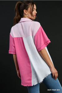 Linen Blend Color Block Gauze Button Up Short Folded Sleeve Top