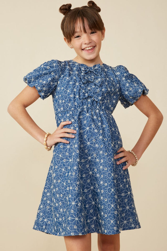 Girls Triple Bow Detail Eyelet Floral Dress