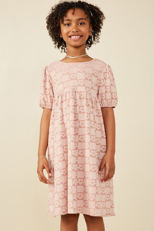 Girls Floral Checker Pattern Puff Sleeve Knit