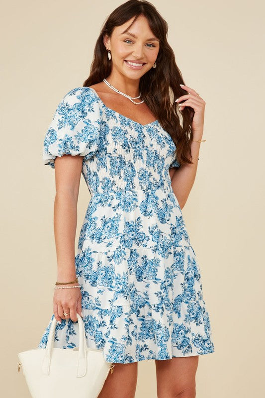 Womens Romantic Floral Smocked Puff Sleeve Dress
