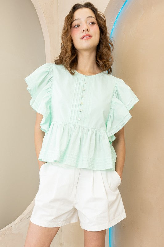 Button-Down Ruffle-Sleeve Peplum Top