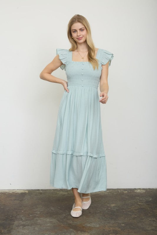 Mock Button Down Smocked Ruffle Detail Midi Dress