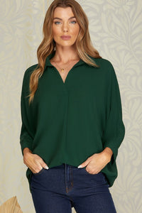 3/4 SLEEVE COLLARED WOVEN TOP