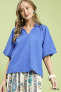 Bubbled Sleeved Seersucker Top