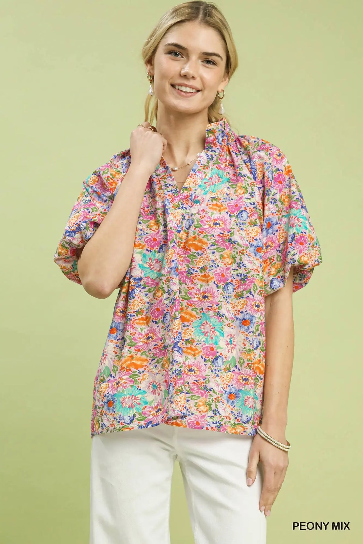 Mix Floral Short Sleeve Button-Front Top