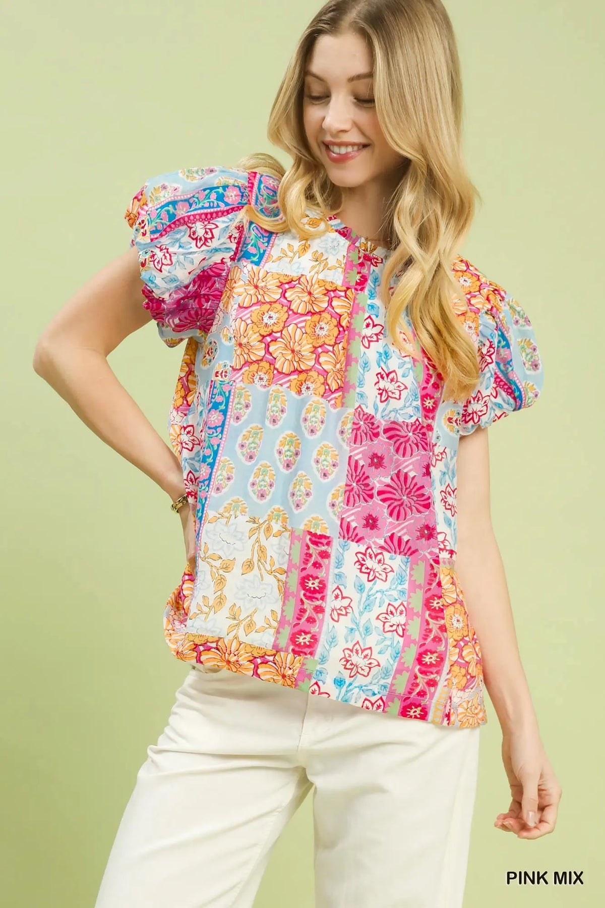 Mix Patchwork Puff Sleeve Top