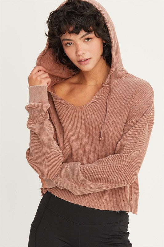 CROPPED WAFFLE KNIT HOODIE