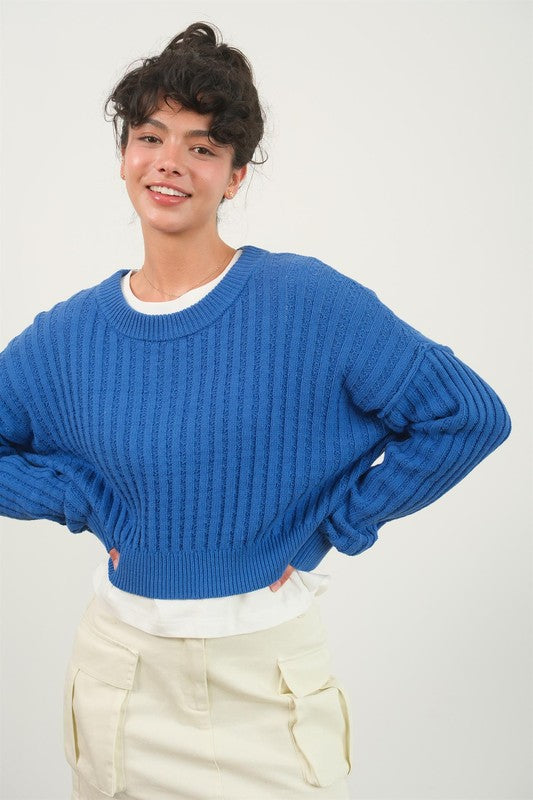 CROPPED RIBBED LONG SLEEVE KNIT SWEATER