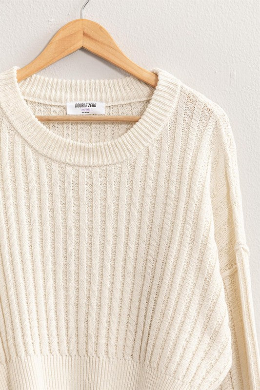 CROPPED RIBBED LONG SLEEVE KNIT SWEATER