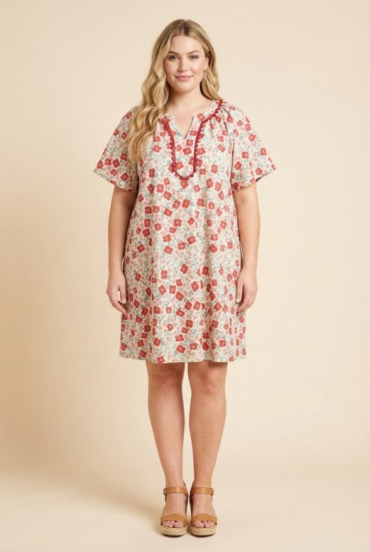 Plus Contrast Crochet Trim Ditsy Floral Tunic Dress