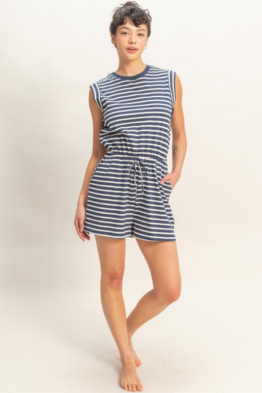 Striped Sleeveless Drawstring Romper