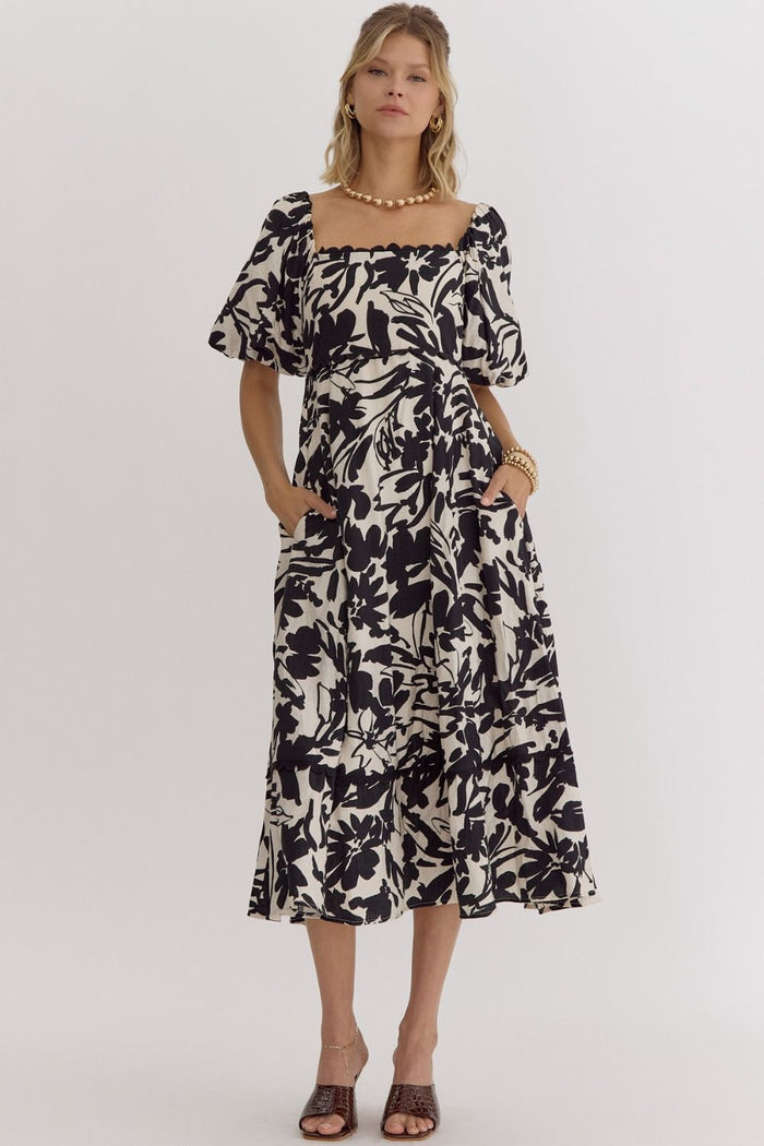 Floral print square neck bubble sleeve midi dress