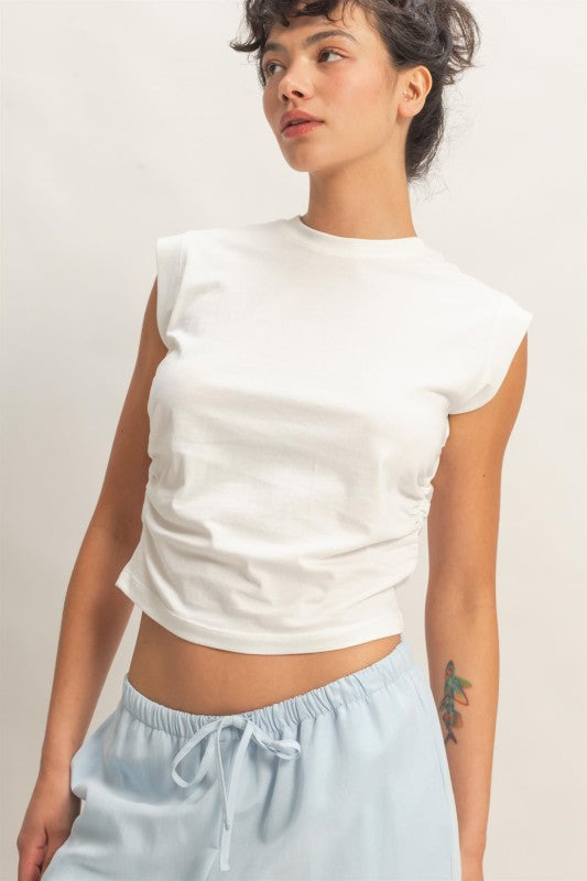 Ruched Waist Sleeveless Cotton Top