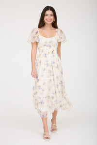 Floral Chiffon Flounce Sleeve Shirred Midi Dress