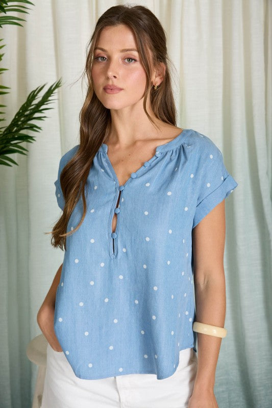Polkadot Chambray Short Sleeve Henley Top