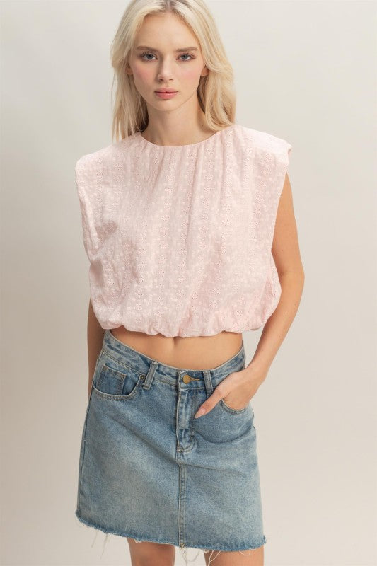 Bubble Hem Cotton Eyelet Sleeveless Top