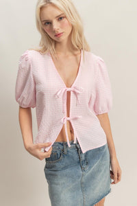 Gingham Bow Tie Puff Sleeve Blouse
